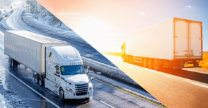Split view of two trucks, one in the wintery weather and one in summer heat, conditions which affect adhesive performance.