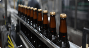 Labeled bottles moving along a bottling line conveyor